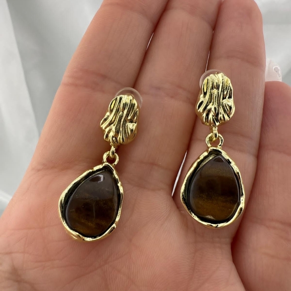Amber Color Rhinestone Gold and Brown Drop Earrings - Picture 3 of 3